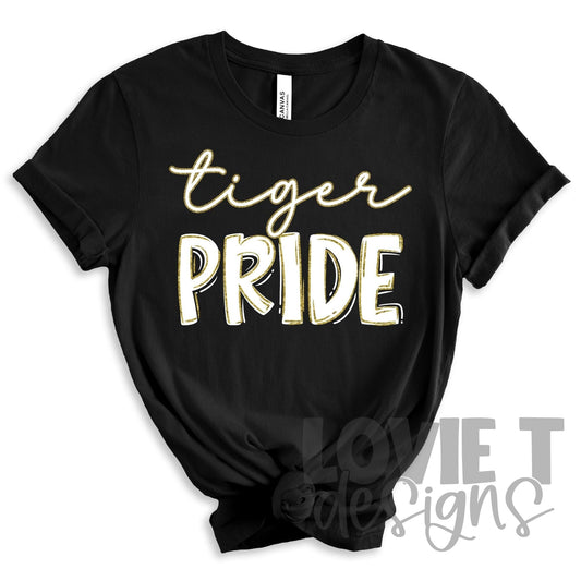 Tiger Pride White Font Gold Outline