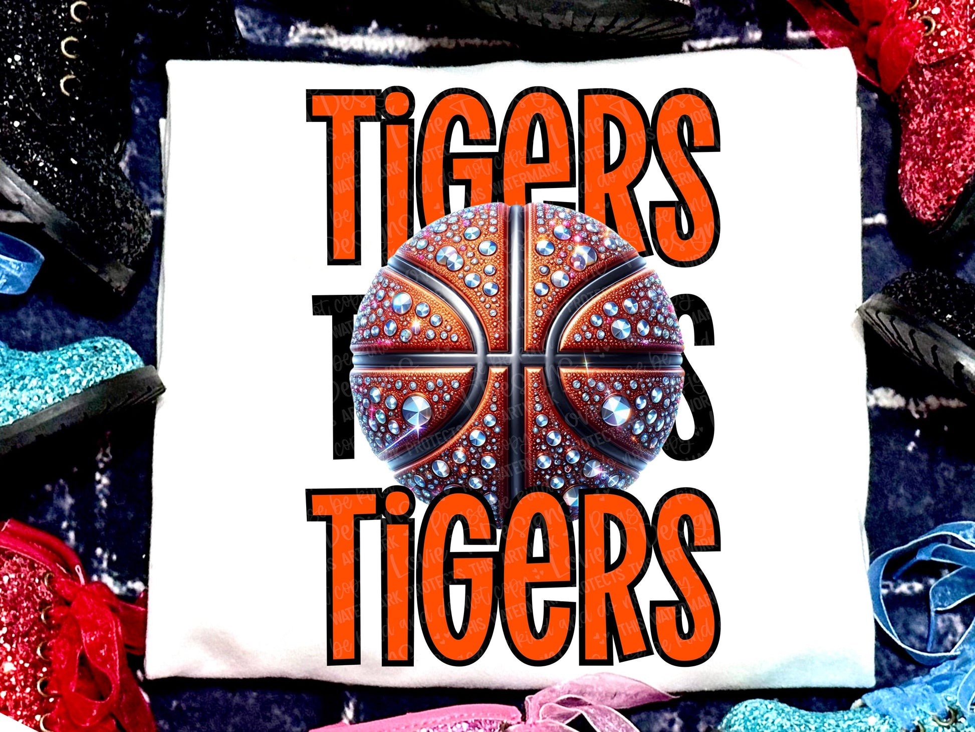 Tigers Basketball Faux Rhinestones Orange-Lovie T Designs