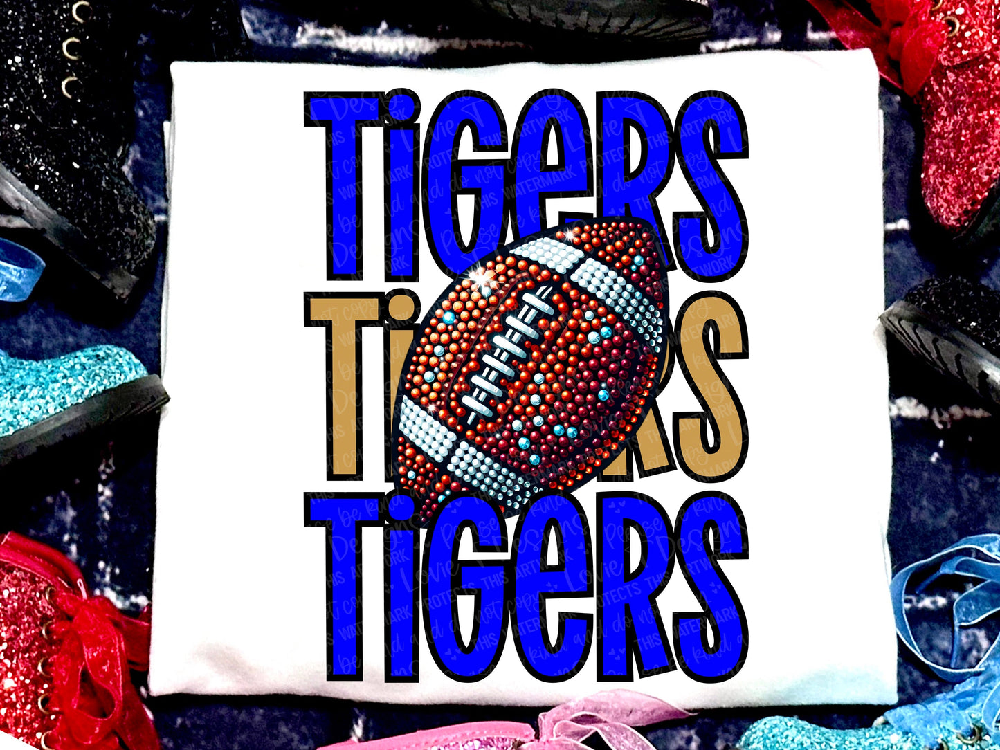 Tigers Football Faux Rhinestones Royal Blue Yellow-Lovie T Designs