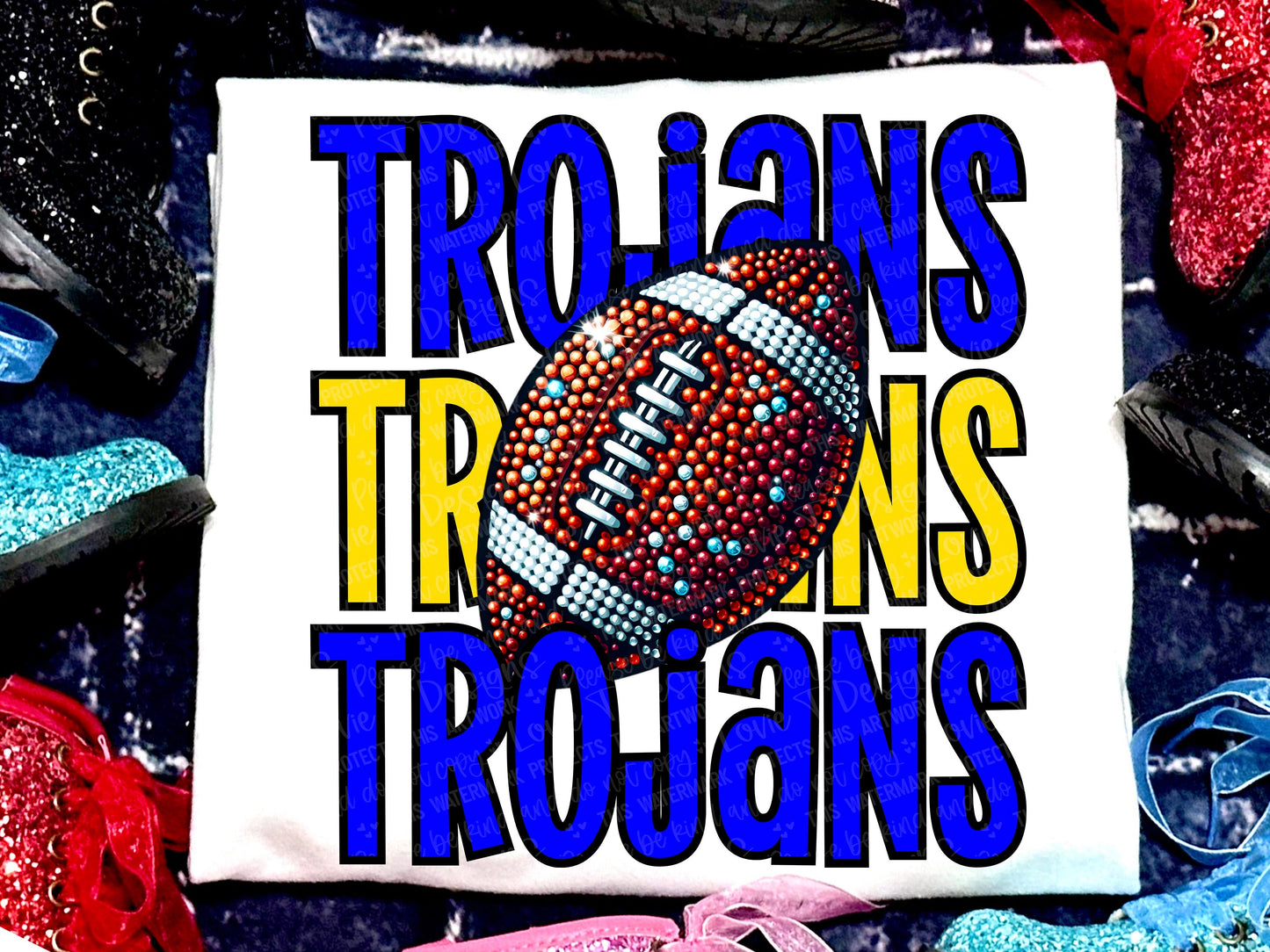 Trojans Football Faux Rhinestones Royal Blue Yellow-Lovie T Designs