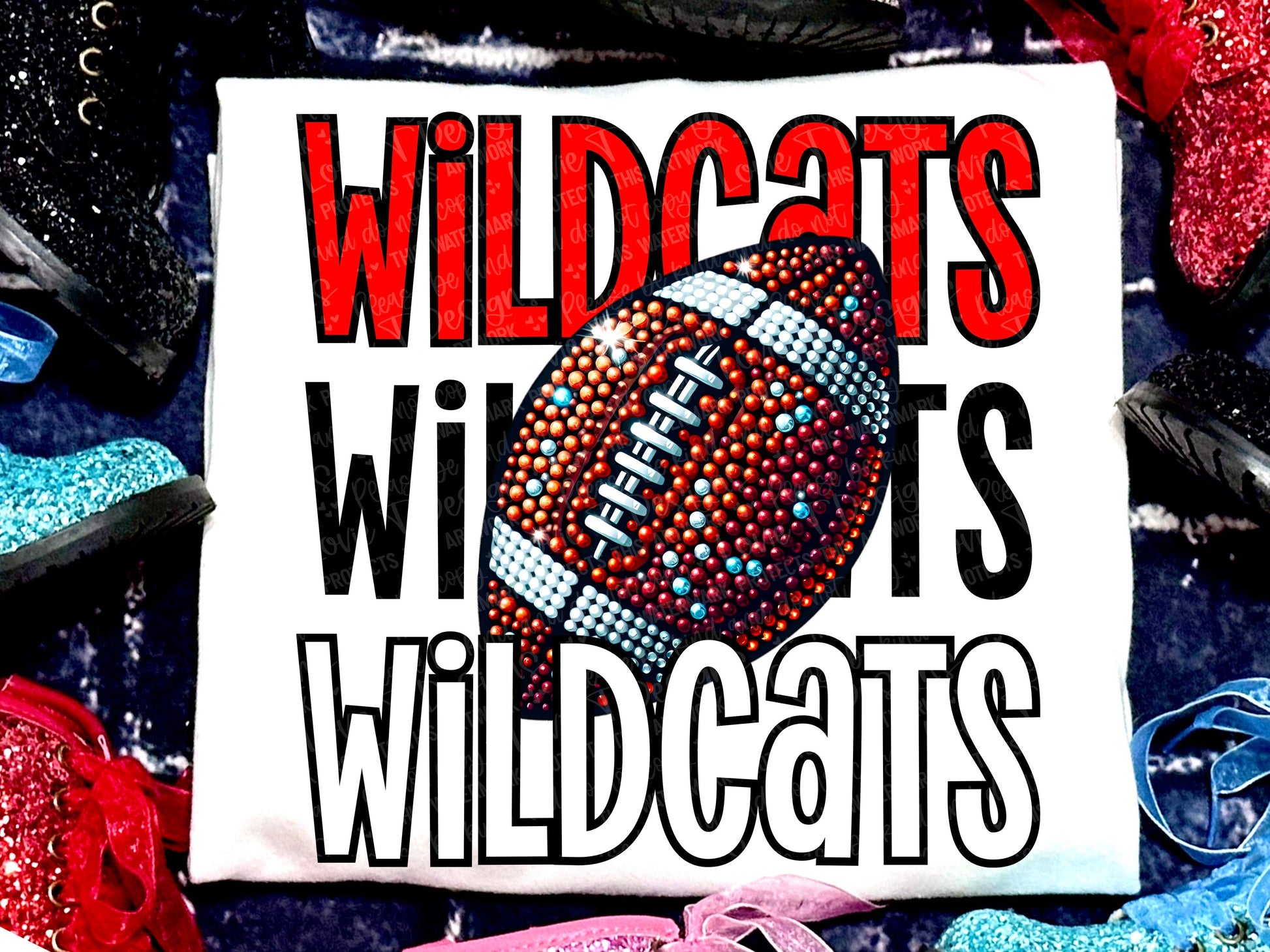 Wildcats Football Faux Rhinestones Red Black-Lovie T Designs