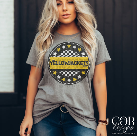 Yellowjackets Bright Yellow Checkered Stars Circle-Lovie T Designs